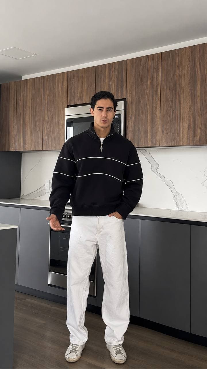 Piped Quarter-Zip Sweatshirt in Black
