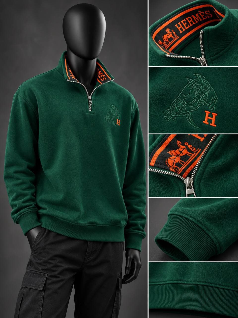 Embroidered Quarter-Zip Sweatshirt in Green