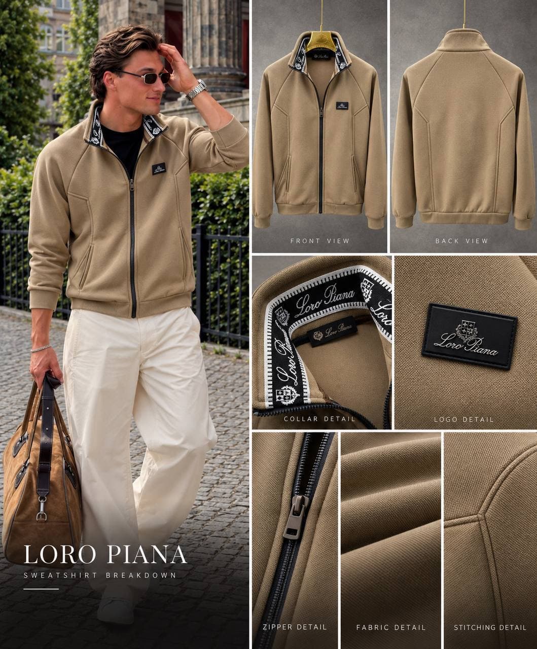 Zip Jacket with Printed Collar in Beige