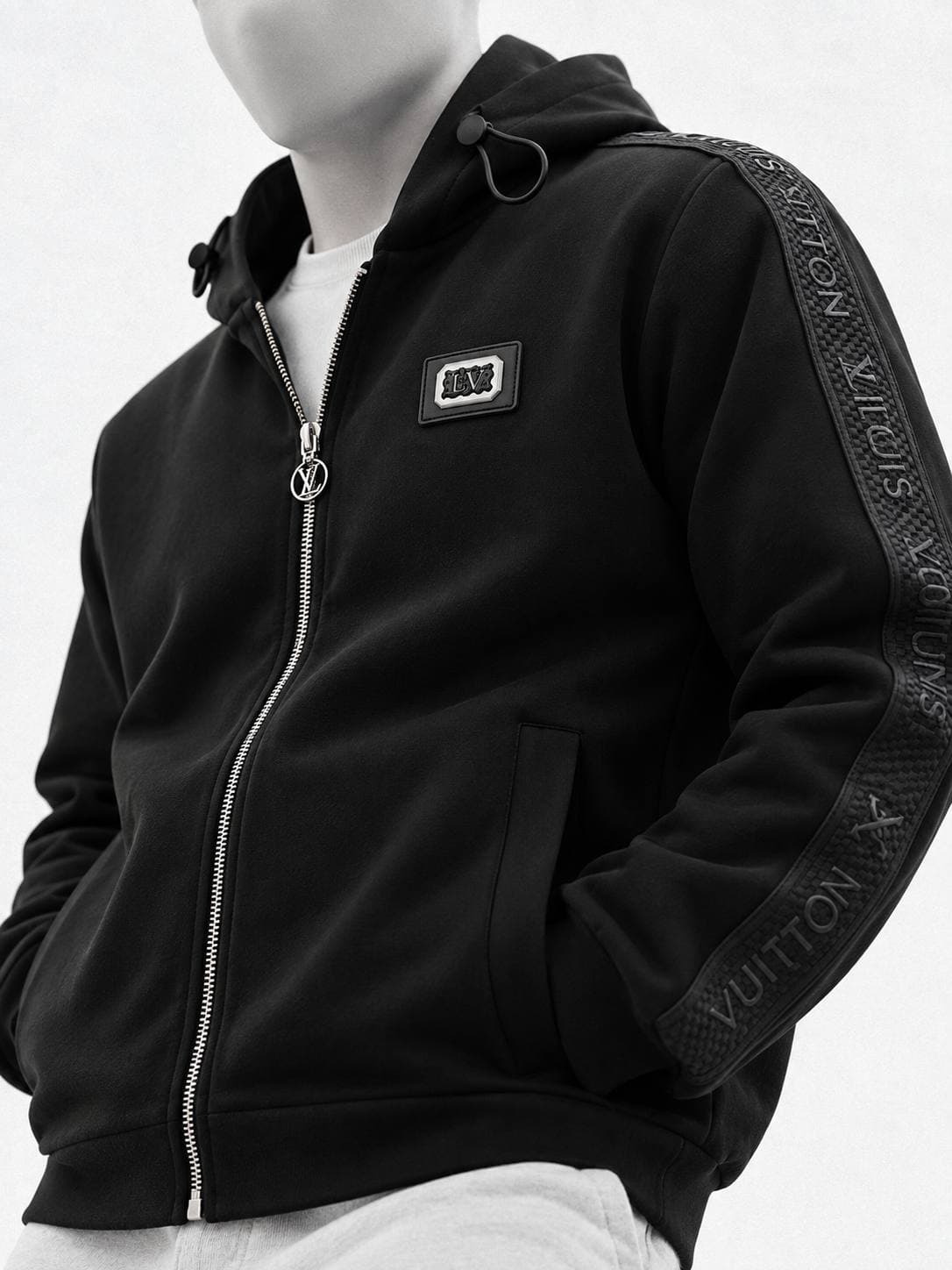 Zip Hoodie with Side Tape in Black