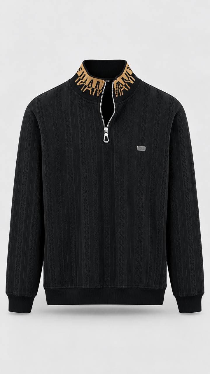 Cable Texture Quarter-Zip in Black