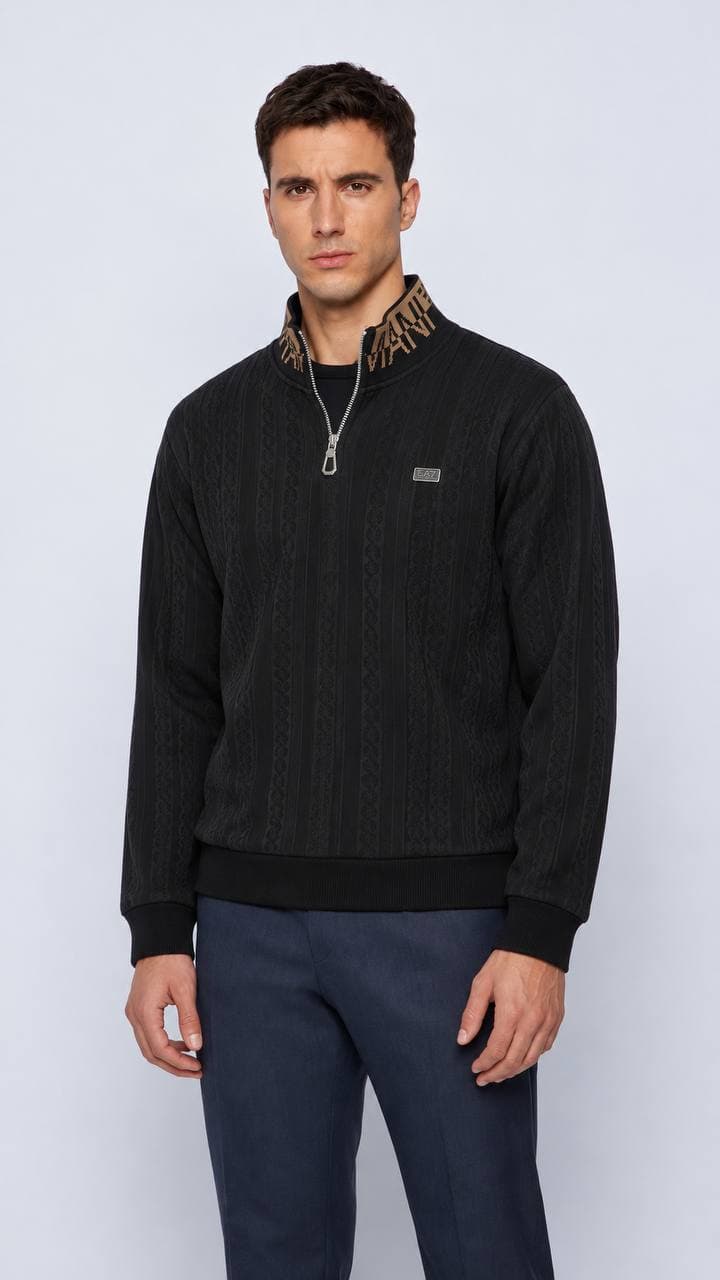 Cable Texture Quarter-Zip in Black