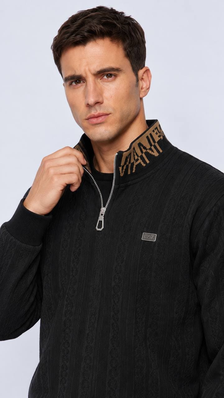 Cable Texture Quarter-Zip in Black