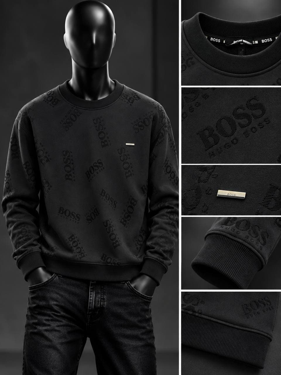 Embossed Lettering Crew Sweatshirt in Black