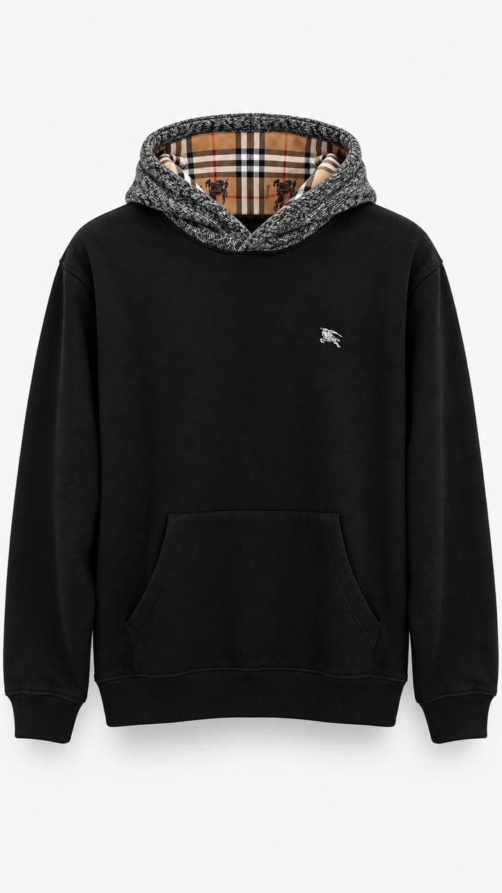 Check-Lined Hood Hoodie in Black