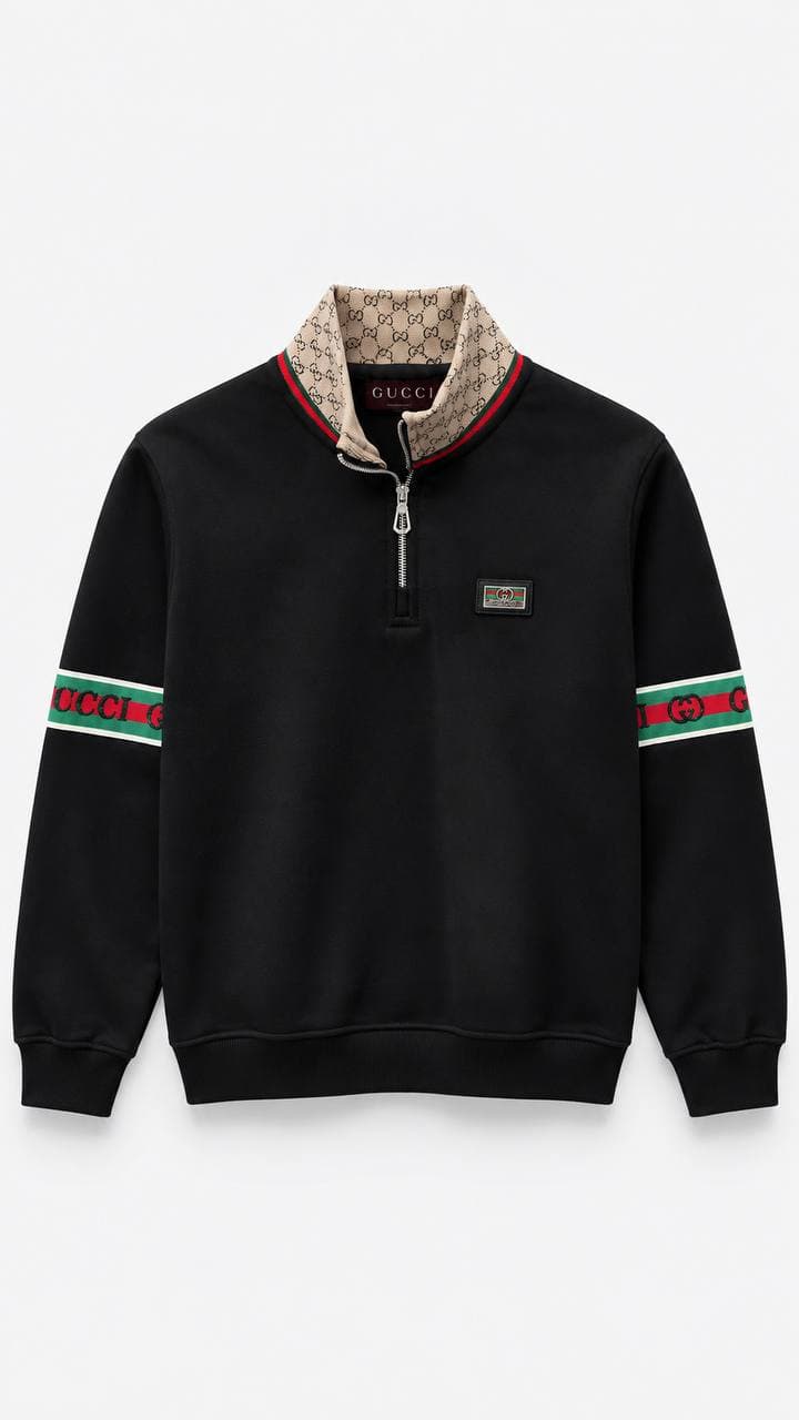 Striped-Sleeve Quarter-Zip in Black