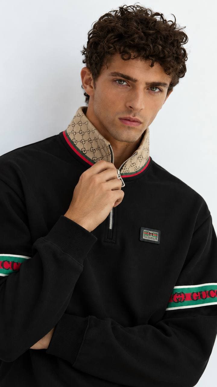 Striped-Sleeve Quarter-Zip in Black