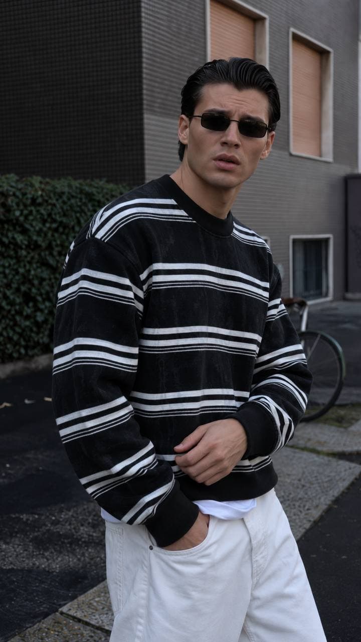 Striped Knit Sweater in Black