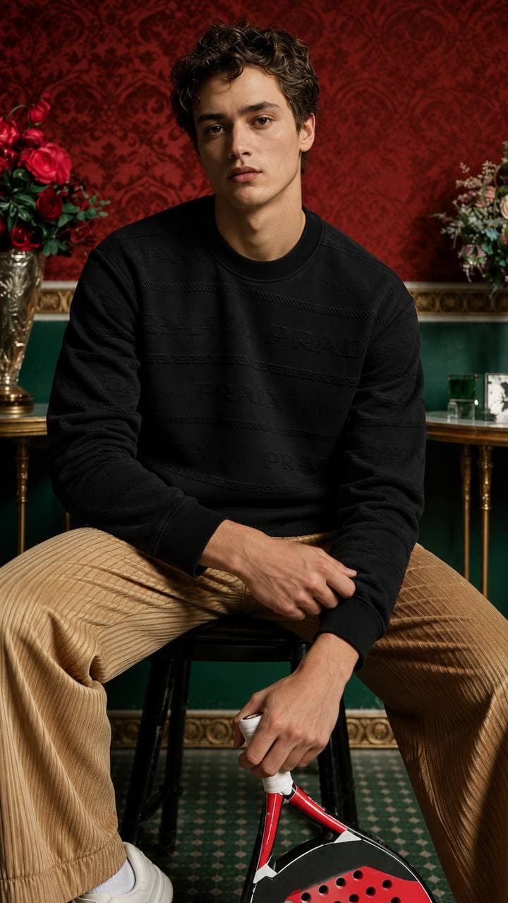 Embossed Lettering Panel Crew Sweatshirt in Black