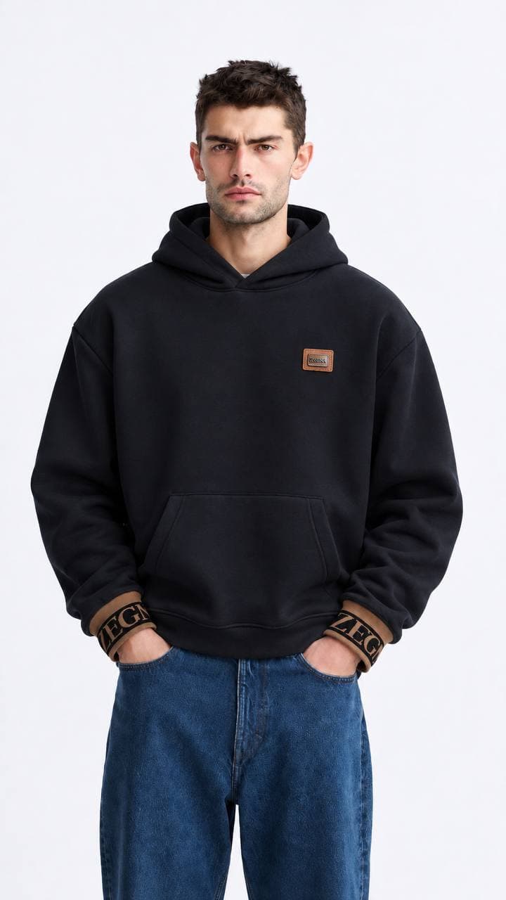 Logo-Cuff Hoodie in Black
