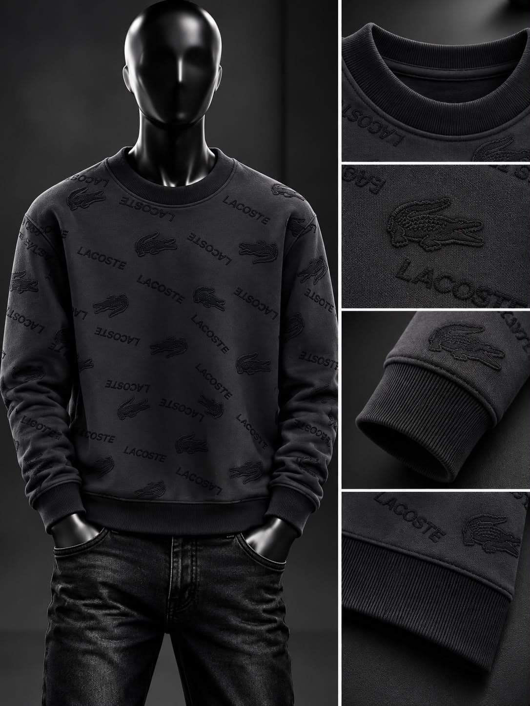 Embossed Logo Pattern Crew Sweatshirt in Black