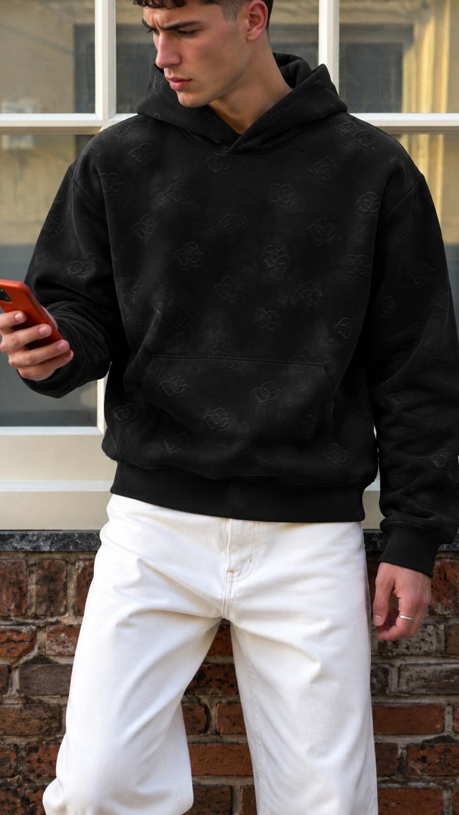 Monogram Print Hoodie in Black, photo 2