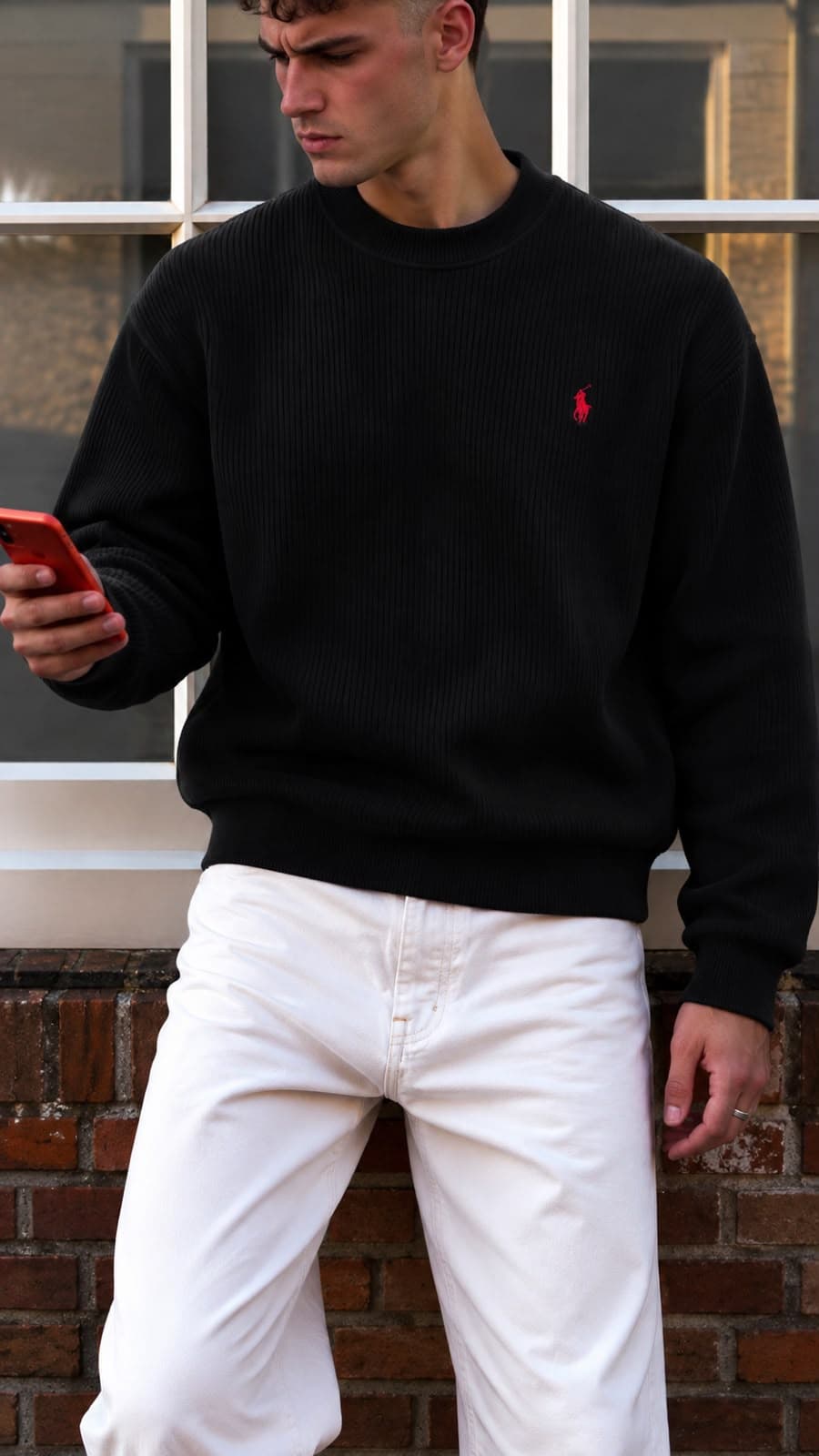 Ribbed Small Logo Crew Sweatshirt in Black