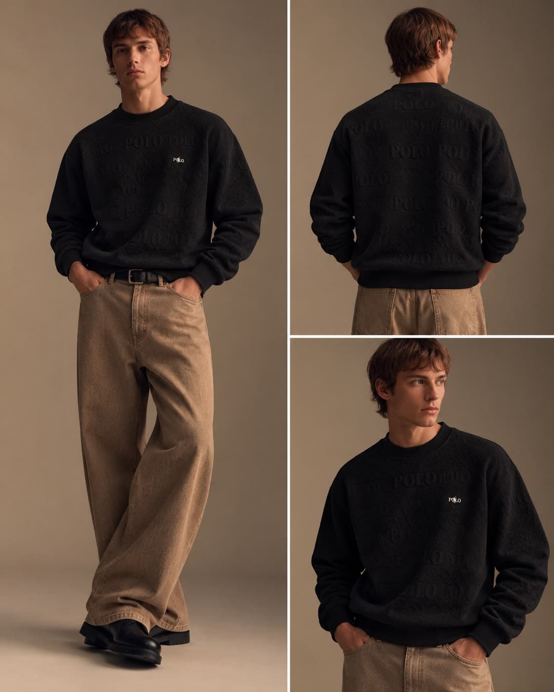 Embossed Lettering Texture Crew Sweatshirt in Black, photo 5