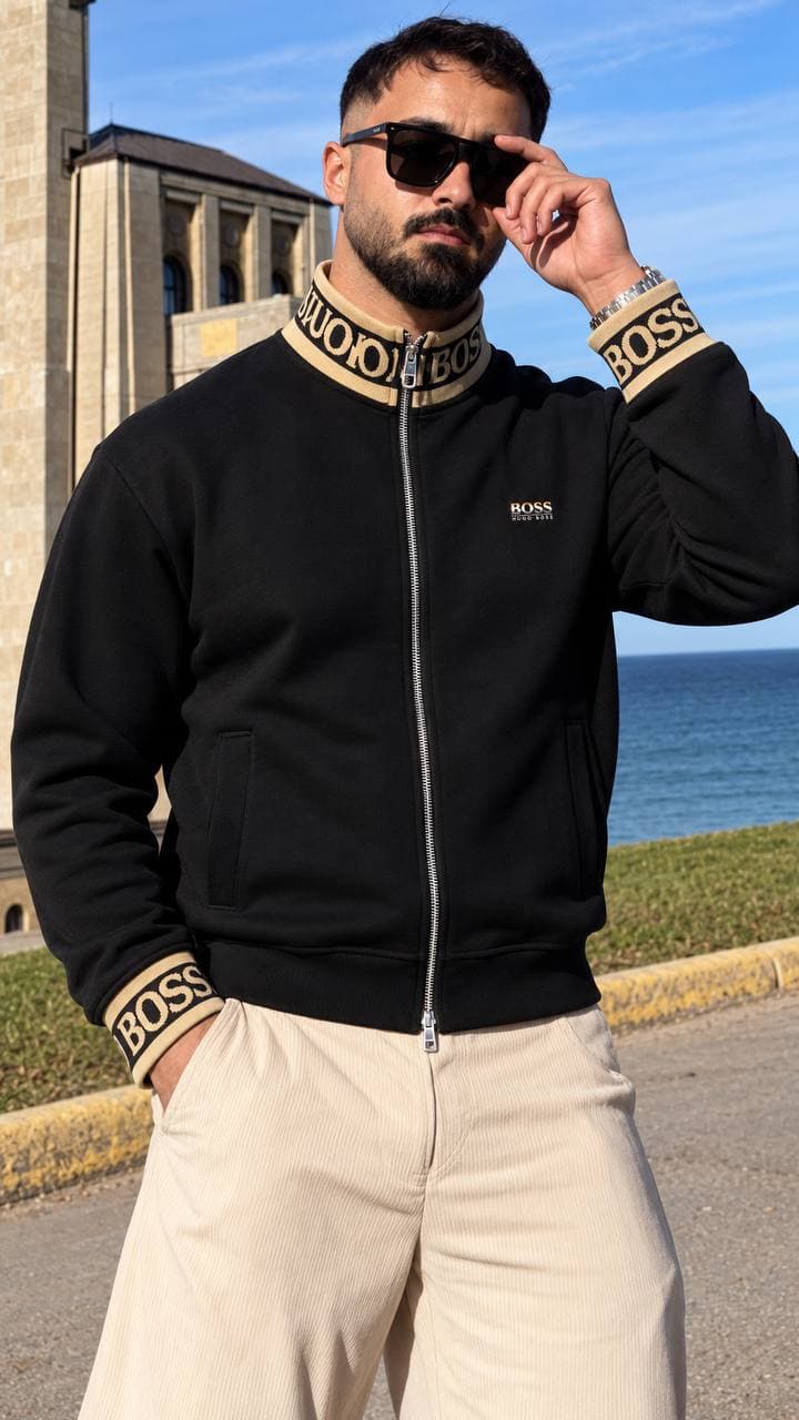 Zip Jacket with Knit Logo Collar in Black, photo 2
