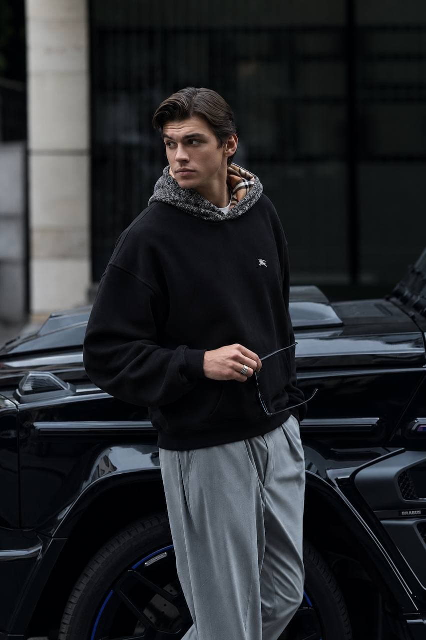 Hoodie with Check-Lined Hood in Black