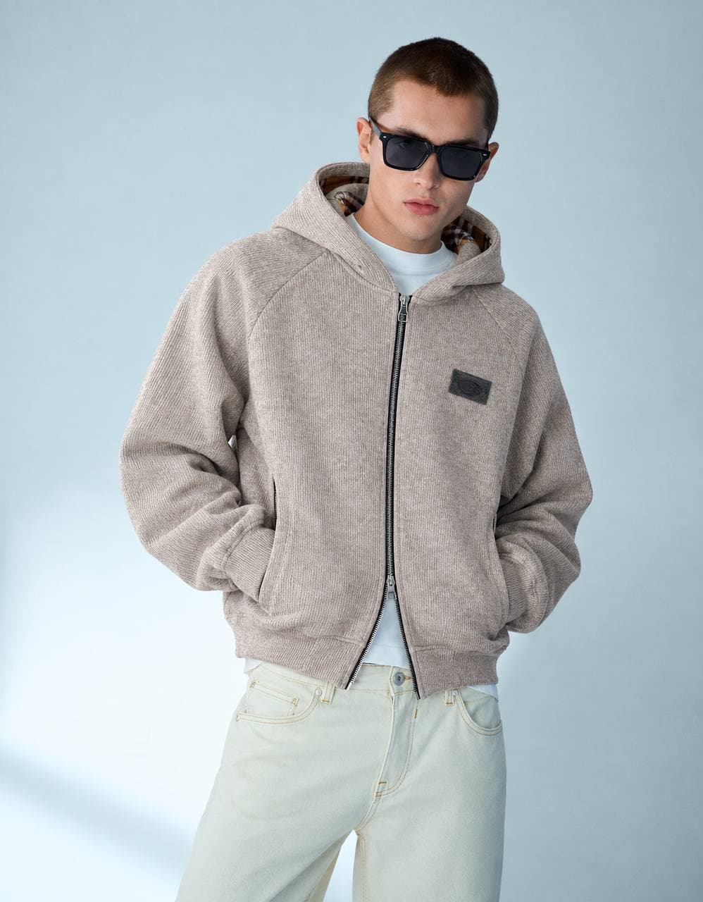 Zip Fleece Jacket with Check Hood in Beige