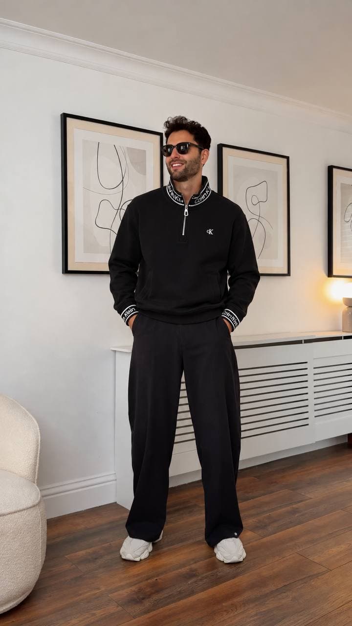 Quarter-Zip Sweatshirt with Striped Collar in Black