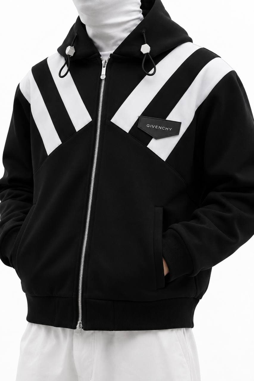 Chevron Panel Zip Jacket in Black