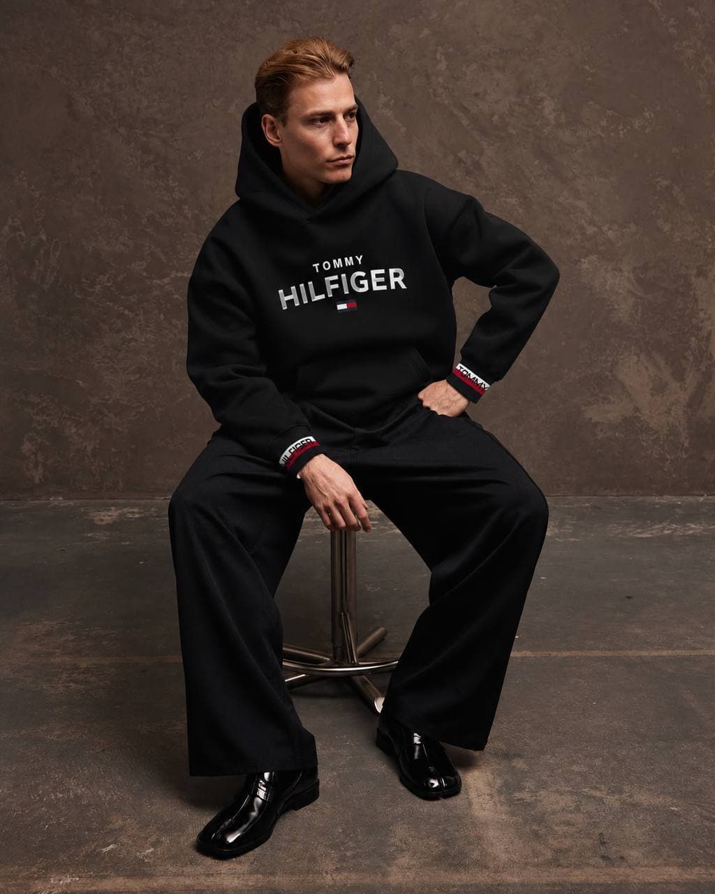 Logo Hoodie with Striped Cuffs in Black, photo 2