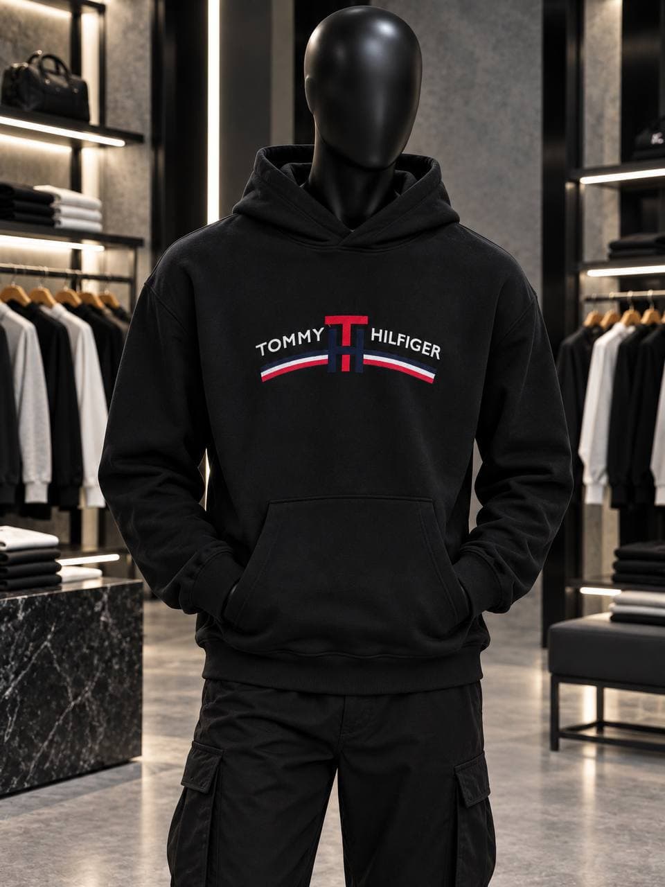 Stripe Logo Hoodie in Black