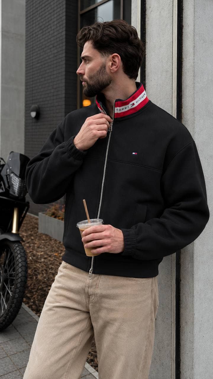 Zip Jacket with Red Collar in Black, photo 2