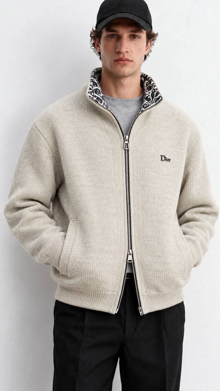 Patterned-Collar Zip Jacket in Beige