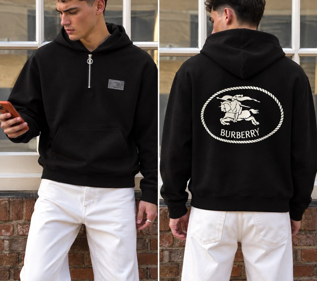 Back Emblem Zip-Neck Hoodie in Black