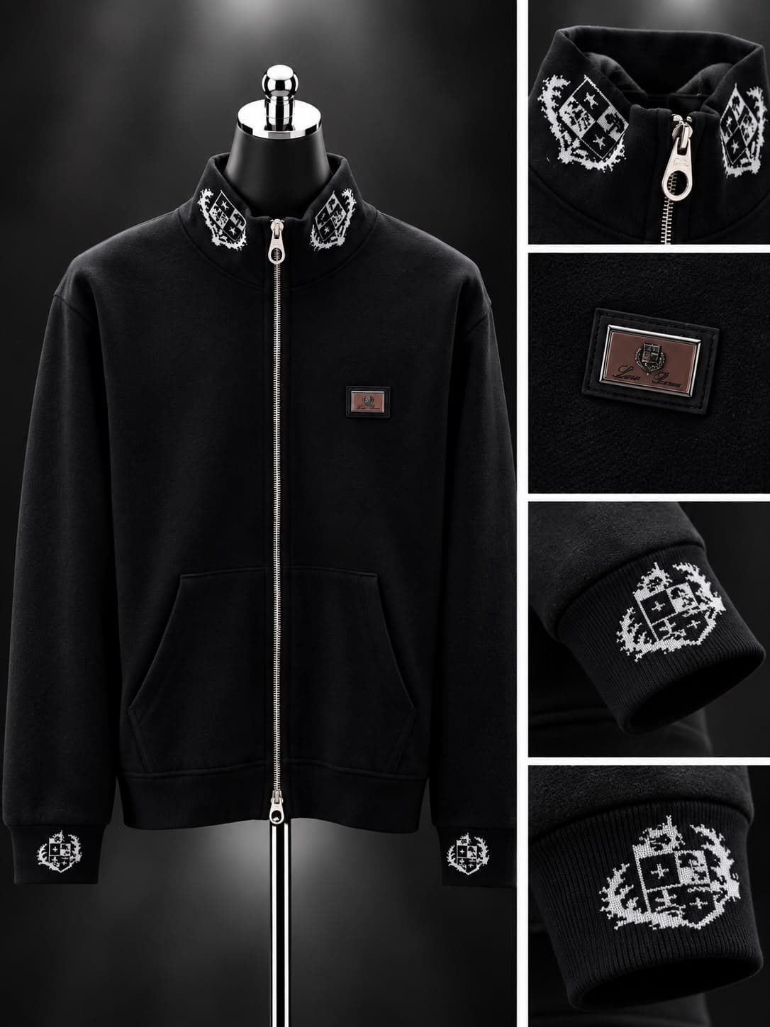 Crest-Collar Zip Jacket in Black