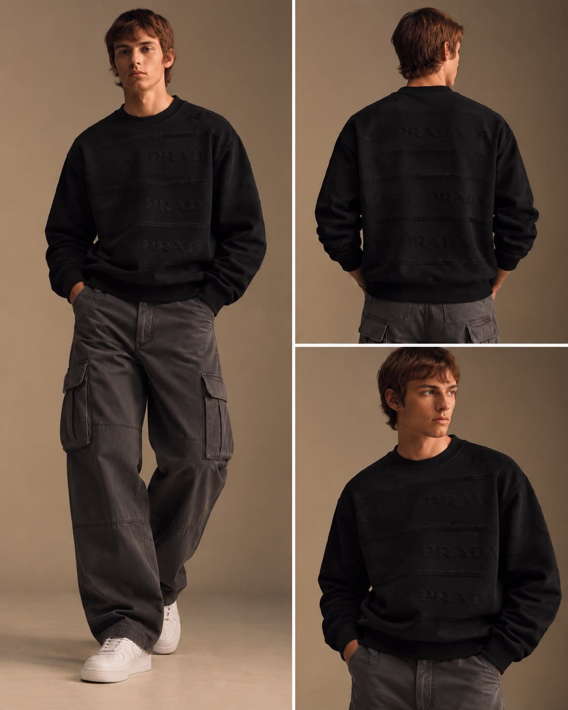 Embossed Lettering Texture Crew Sweatshirt in Black, photo 2
