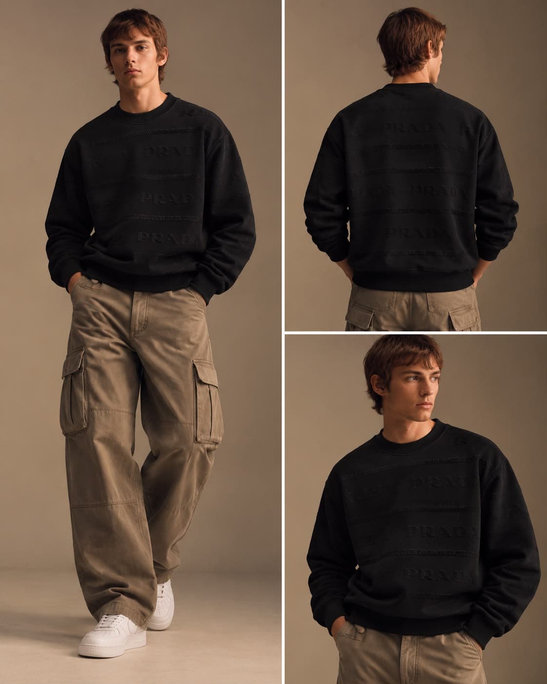 Embossed Lettering Texture Crew Sweatshirt in Black, photo 3