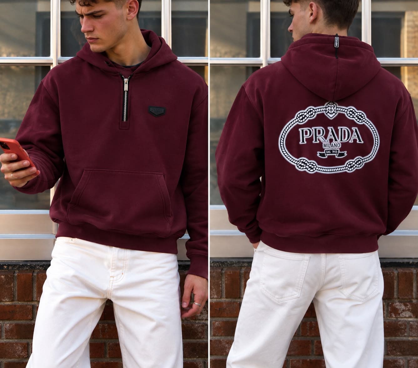 Back Logo Zip-Neck Hoodie in Burgundy