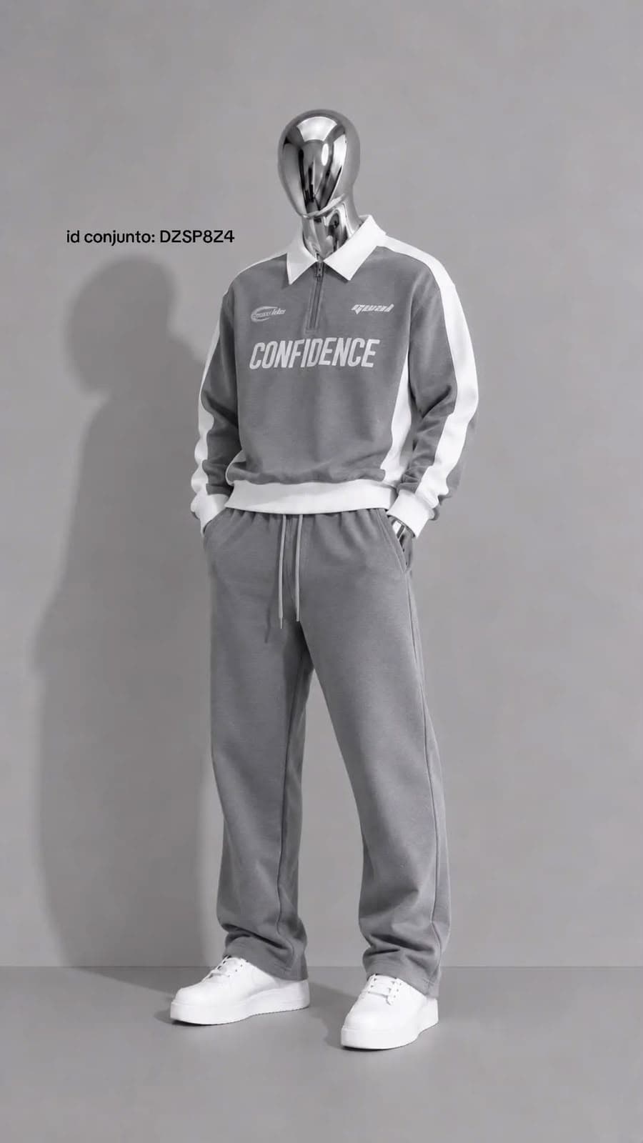 Polo-Collar Tracksuit Set in Grey